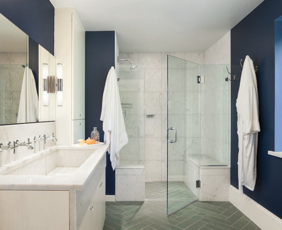 As part of a stone Colonial Mount Airy renovation, this bathroom by Metcalfe Architecture & Design features a clean, white base with a pop of color PHOTO: BY SAM OBERTER