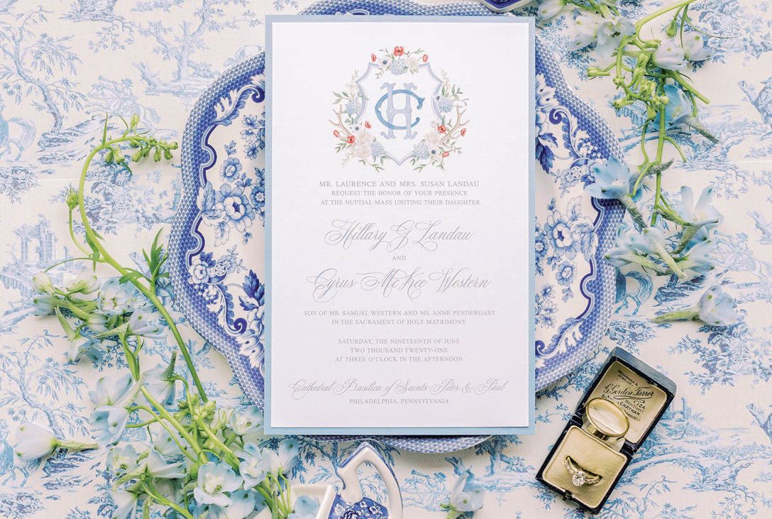 Custom invitations with blue, white and pops of red were created by Cherese Rambaldi Photographed by Grace Ardor Photography