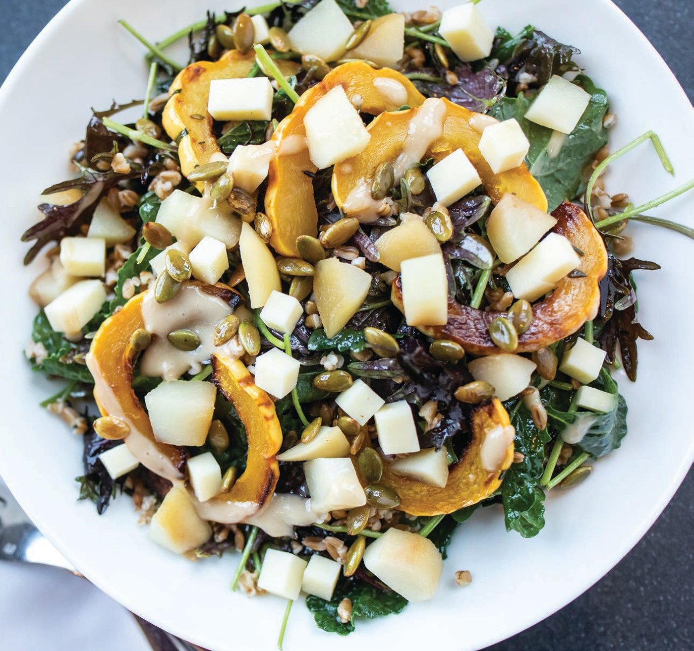 The harvest chopped salad is made with kale, squash, pears, seeds, cheddar and a sherry vinaigrette PHOTO BY EDDY MARENCO