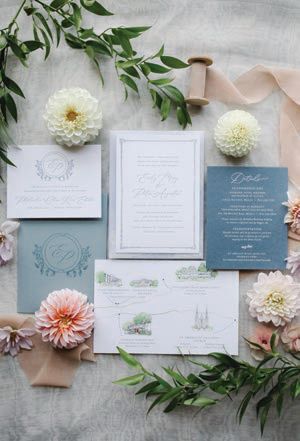 Jill Elaine Designs added touches of blue to the invitation suite, a hue that appeared throughout the wedding.