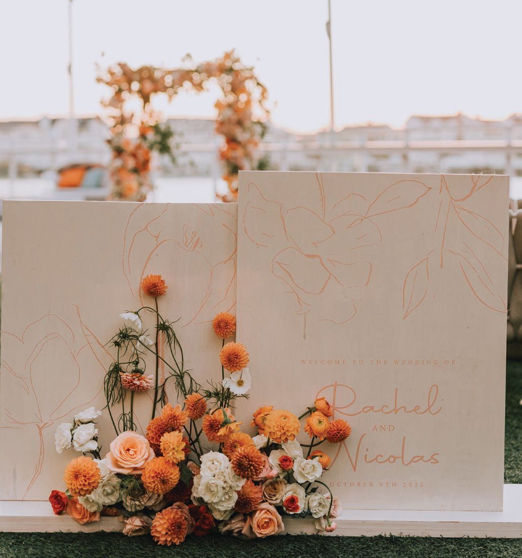 Colors reminiscent of a sunset appeared throughout the wedding 