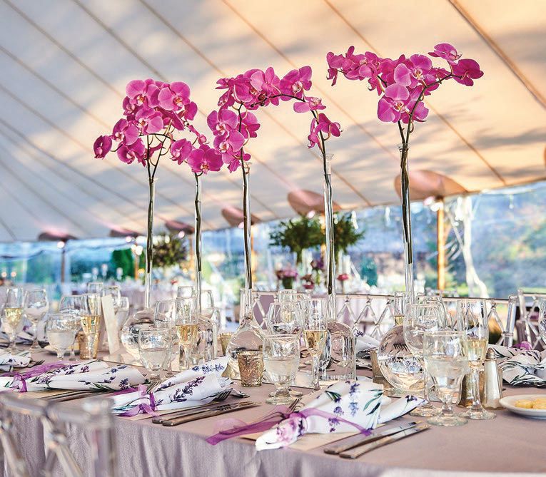 Multicolored flowers adorned the tables at the outdoor reception Photographed by Philip Gabriel Photography