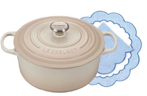 (LtoR) Le Creuset signature round Dutch oven; Loulou La Dune made-to-order Colette linen place mat and napkin, set of 12 PHOTOS COURTESY OF BRANDS